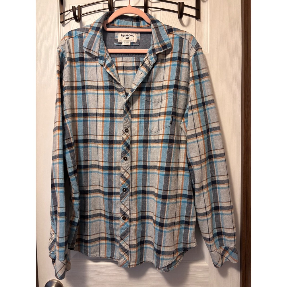 Billabong Mens Blue Orange Plaid Flannel Button Down Shirt L M508ECOA